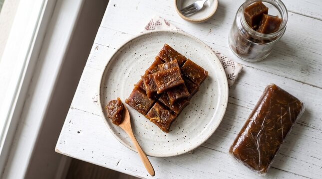 Traditional Indonesian sweet durian cake, dodol durian or lempok, sliced on a ceramic plate with a wooden spoon, glass jar, and plastic-wrapped block on a white wooden table.