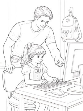 Father and Daughter Coloring Pages Collection Featuring Educational Activities, Family Bonding, Birthday Celebration, Nature Walks and Creative Learning Line Art Set