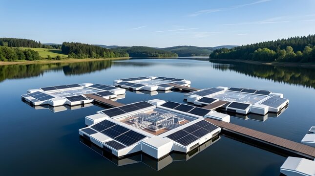 Array of sleek  reflective solar panels mounted on buoyant structures across tranquil water body  surrounded by open horizon and soft daylight ambiance