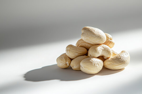 Raw cashew nut pile on white surface with soft shadow and natural light