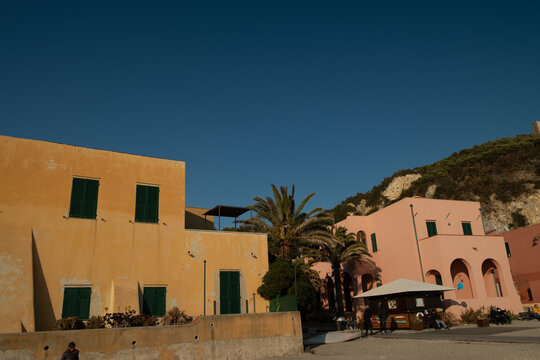 The colorful village of Varigotti, with its sandy beach on the Ligurian coast of the Riviera dei Fiori on a winter day in 2025