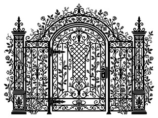 Fototapeta premium Ornate Wrought Iron Garden Gate Silhouette with Decorative Rose Vines