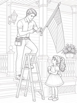 Father and Daughter Coloring Pages Collection Featuring Educational Activities, Family Bonding, Birthday Celebration, Nature Walks and Creative Learning Line Art Set