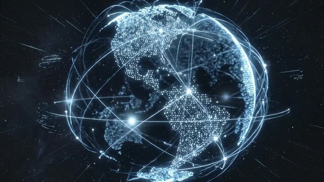 Digital Earth rotating with global network connections and data flow animation