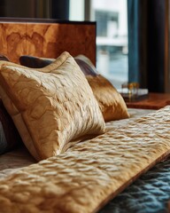 Obraz premium Luxurious Bed with Textured Pillows and Elegant Headboard