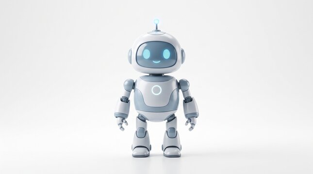 Adorable and approachable robot figure featuring a blue digital face set against a simple background