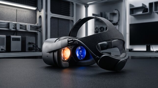 Detailed view of a contemporary virtual reality headset resting on a dark surface in a tech inspired setting with gentle illumination