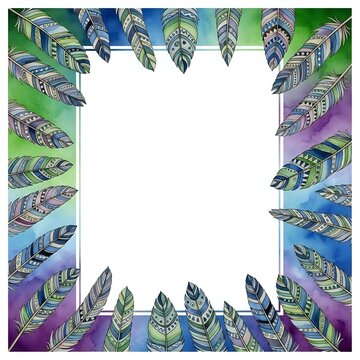 Ornate feather frame with intricate patterns in blue, green, and purple tones on white background. Isolated design element ready for invitations, posters, and creative projects.