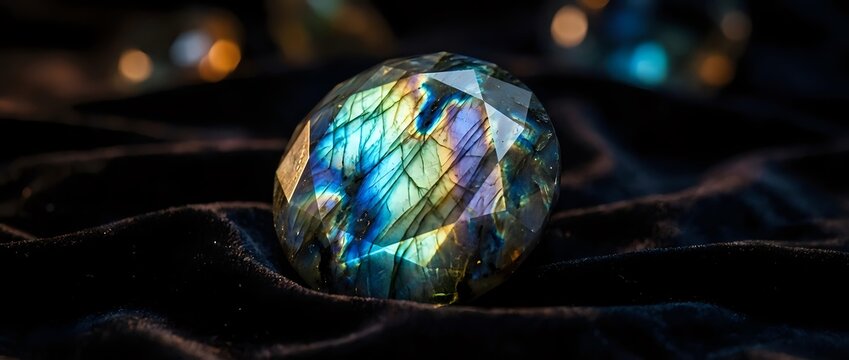 Iridescent labradorite gemstone with rainbow flash colors resting on dark fabric surface with bokeh lights background for jewelry and luxury concepts.
