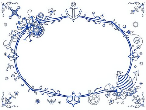 Whimsical nautical design featuring intricate blue ink frames and whimsical elements, pattern, frames