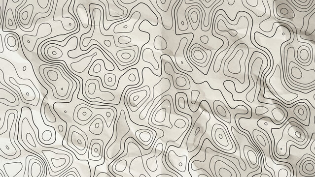Abstract topographic map pattern on crumpled beige paper background