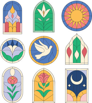 Stained glass window vector icon set, medieval church gothic arches and sacred geometric elements for design