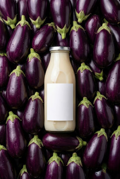 Organic Purple Eggplant Smoothie Bottle with Blank White Label Placed on Aubergine Pattern