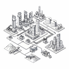 Obraz premium Isometric industrial factory complex with pipelines and storage tanks.