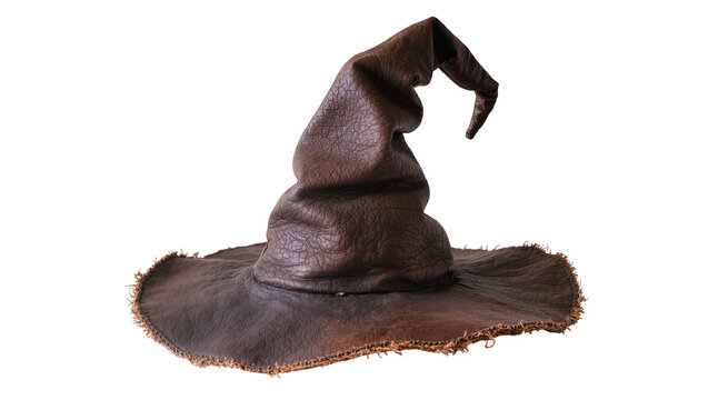 Brown leather wizard hat with pointed crown, isolated on transparent background