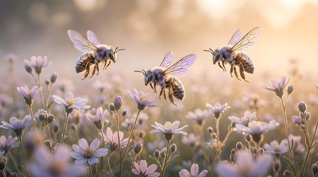 Three Bees Flying Over Purple and White Wildflowers in Golden Light