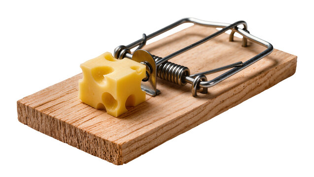 Wooden mousetrap with Swiss cheese bait, isolated on transparent background