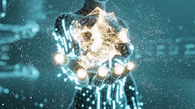 Wireframe Digital Human Creating Artificial Intelligence Energy Particles Through Advanced Network Technology Visualization Animation Sequence