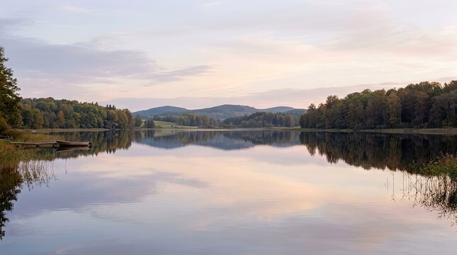 A serene lake with a calm surface reflecting the sky and trees on the opposite shore, with a wooden dock and a boat in the foreground.