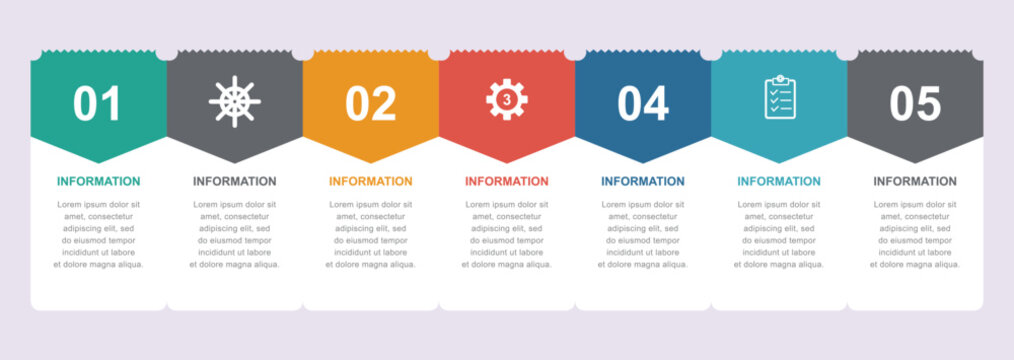 Creative horizontal process infographic template featuring five colorful chevron shaped tags joined together perfect for business workflow presentation charts