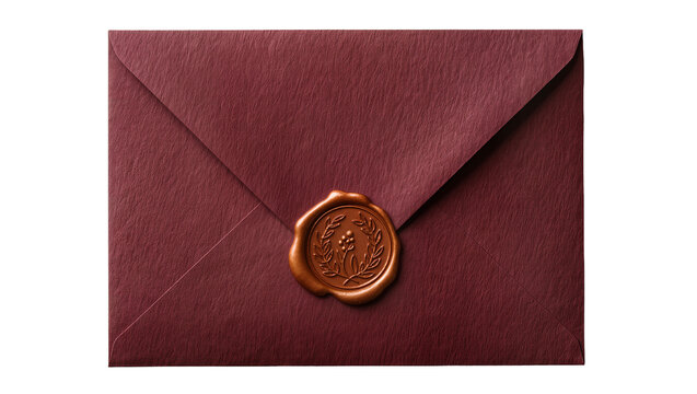 Deep red textured envelope sealed with a golden wax emblem, isolated on transparent background