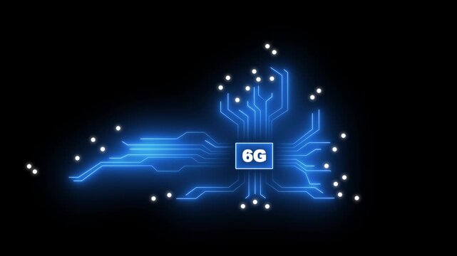 Glowing 6G Network Processor Chip with Blue Digital Circuit Connections on Black Background. Ideal for Next Generation Wireless Communication, AI, and Futuristic Telecommunications Concepts.