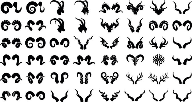 Monster and animal horns silhouette vector collection featuring devil ram goat bull deer antlers and demonic fantasy creature head elements