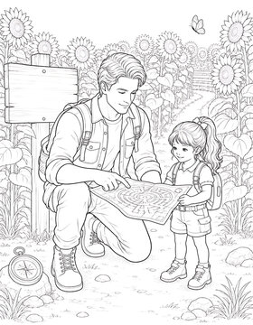 Father and Daughter Coloring Pages Collection Featuring Educational Activities, Family Bonding, Birthday Celebration, Nature Walks and Creative Learning Line Art Set