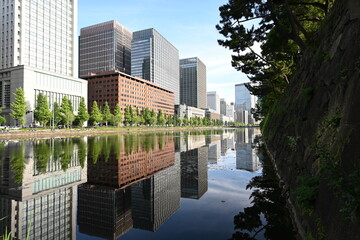 皇居外苑の水辺に映る高層ビル群と並木が描く都会の風景   Urban skyline reflected on the waters of Kōkyo Gaien with tree-lined paths  © 拓也 山並