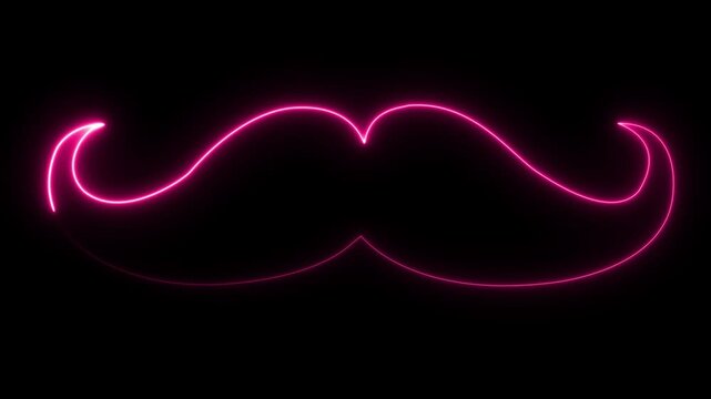 Neon royal mustache icon animation on black background, glowing facial hair symbol, elegant style and fashion concept,
