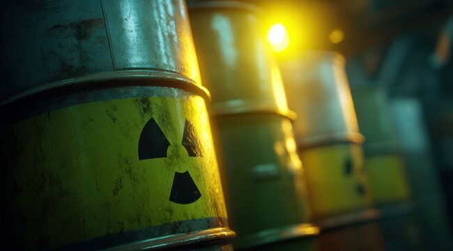 Radioactive waste barrels with hazard symbol industrial storage concept