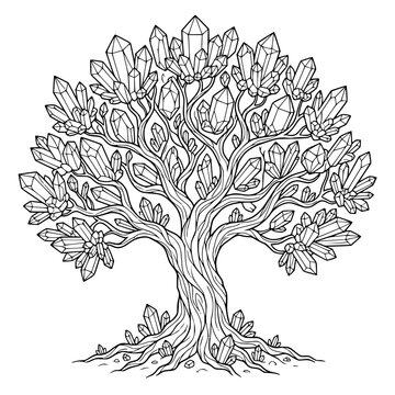 Fantasy Crystal Tree Coloring Page with Magical Gemstone Branches