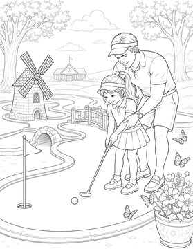 Father and Daughter Coloring Pages Collection Featuring Educational Activities, Family Bonding, Birthday Celebration, Nature Walks and Creative Learning Line Art Set