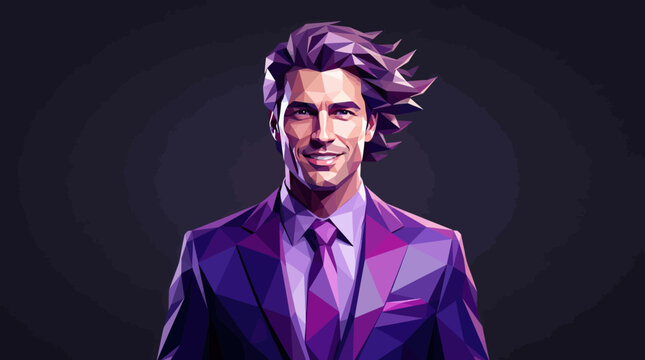 A businessman with wind-blown hair is depicted in a purple suit against a dark background.