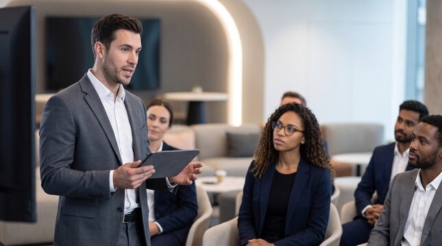 Confident young businessman holding tablet and speaking during presentation to diverse corporate audience, male coach leading seminar or workshop in modern office conference hall.