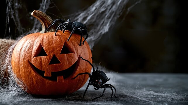 Citrouille sculpt&eacute;e d'Halloween entour&eacute;e d'araign&eacute;es noires et toiles