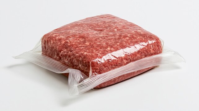 Viande hach&eacute;e crue emball&eacute;e sous vide sur fond blanc