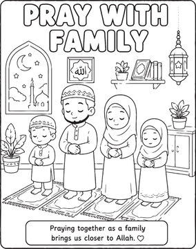 Praying with family illustration for children islamic manners coloring page with white background