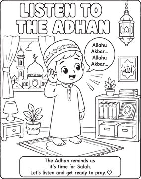 Islamic manners illustration of a boy listening to the adhan coloring book style