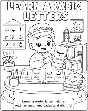 Islamic learning scene with arabic letters and child coloring book style illustration