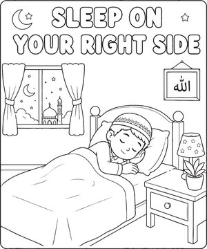 Islamic manners illustration of a child sleeping on their right side coloring book style