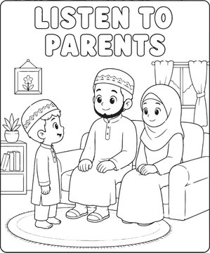 Islamic family listening to parents illustration for childrens coloring book black and white