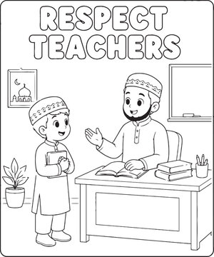 Islamic manners coloring page with teacher and student black and white line art illustration