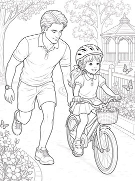 Father and Daughter Coloring Pages Collection Featuring Educational Activities, Family Bonding, Birthday Celebration, Nature Walks and Creative Learning Line Art Set