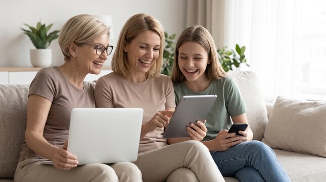 Happy family using laptop, tablet, and smartphone on couch. Cheerful grandmother, mother, and teenage daughter laughing while working or browsing online together in cozy living room.