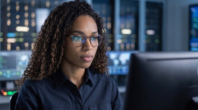Focused Black female IT professional in glasses working on computer in dark high tech server room center. Confident African American woman software engineer monitoring cyber security data.