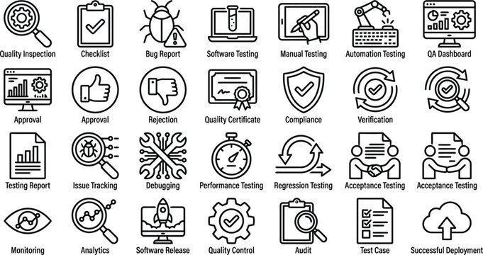 Software testing and development line icon set with software, debugging