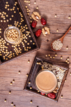 Healthy Chinese-style multigrain soy milk with red dates, walnuts, and oats.