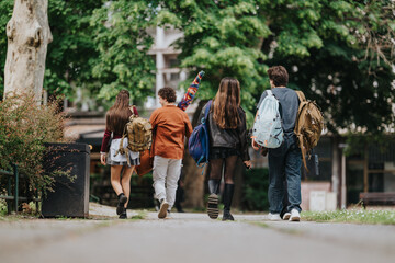 Obraz premium High school students walk away down a tree-lined campus path carrying backpacks. A group of teenage friends stroll together between classes in a relaxed outdoor setting.