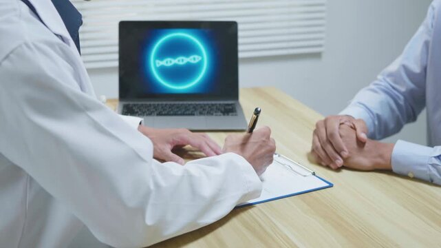 Doctors consulting together and planning treatment in a modern medical office, reviewing healthcare data, charts, and reports on a laptop for clinical decision making and patient care.